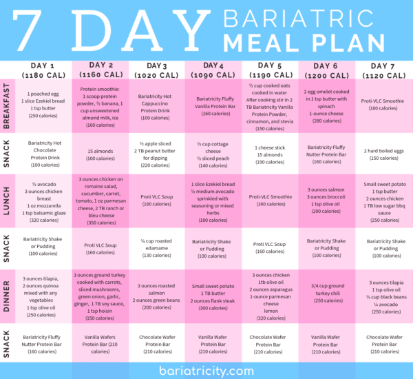 7 Day Bariatric Meal Plan - Under 1200 calories