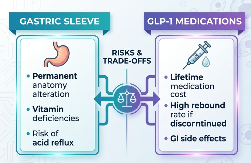 Gastric Sleeve vs. GLP-1 Medications: Which is Best? 4 Gastric Sleeve vs GLP-1 Medications - Risks & Trade-offs